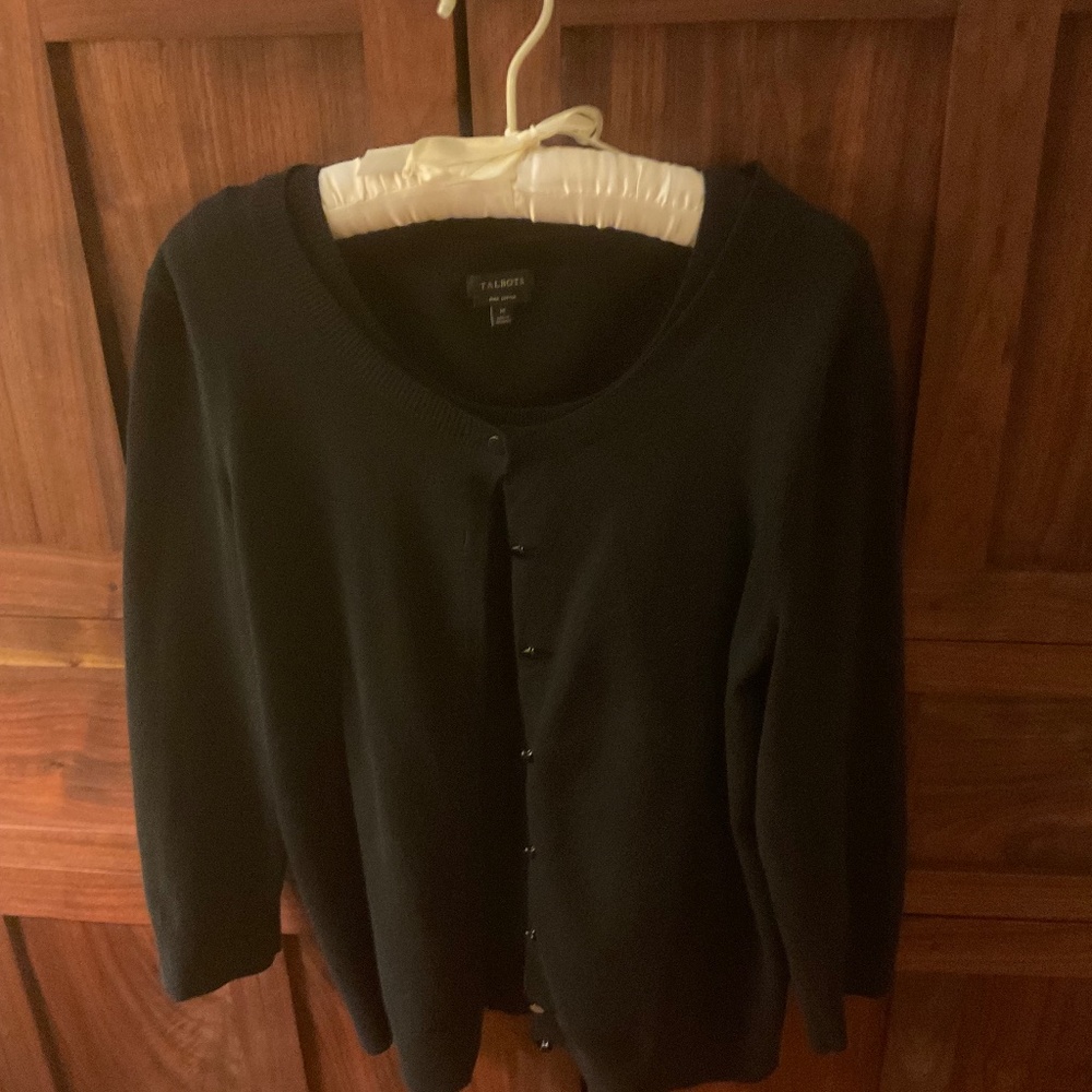 Talbots black cotton sweater set. 3/4 sleeve cardigan. Sleeveless shell.